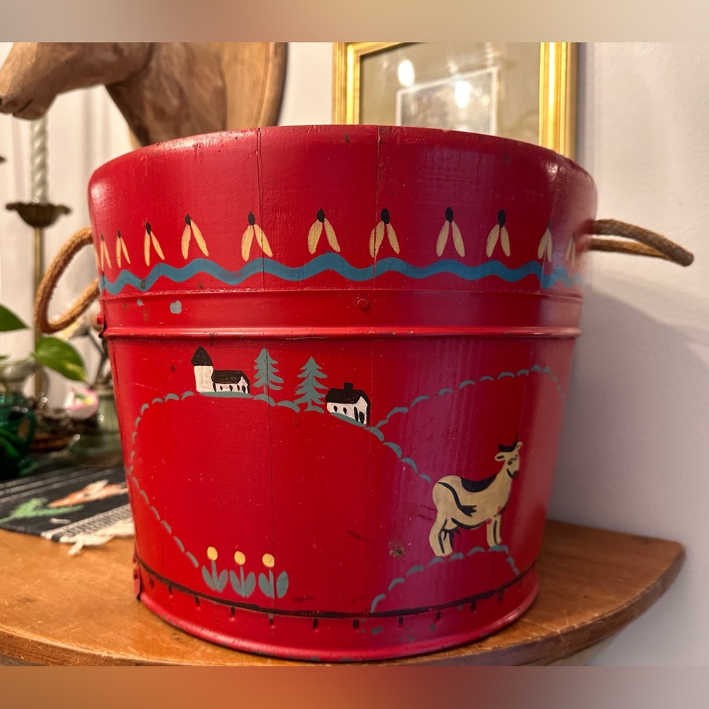 Vintage Hand-Painted Wood Folk Art Bucket Firkin Pastoral Cow/Church/Train Scene